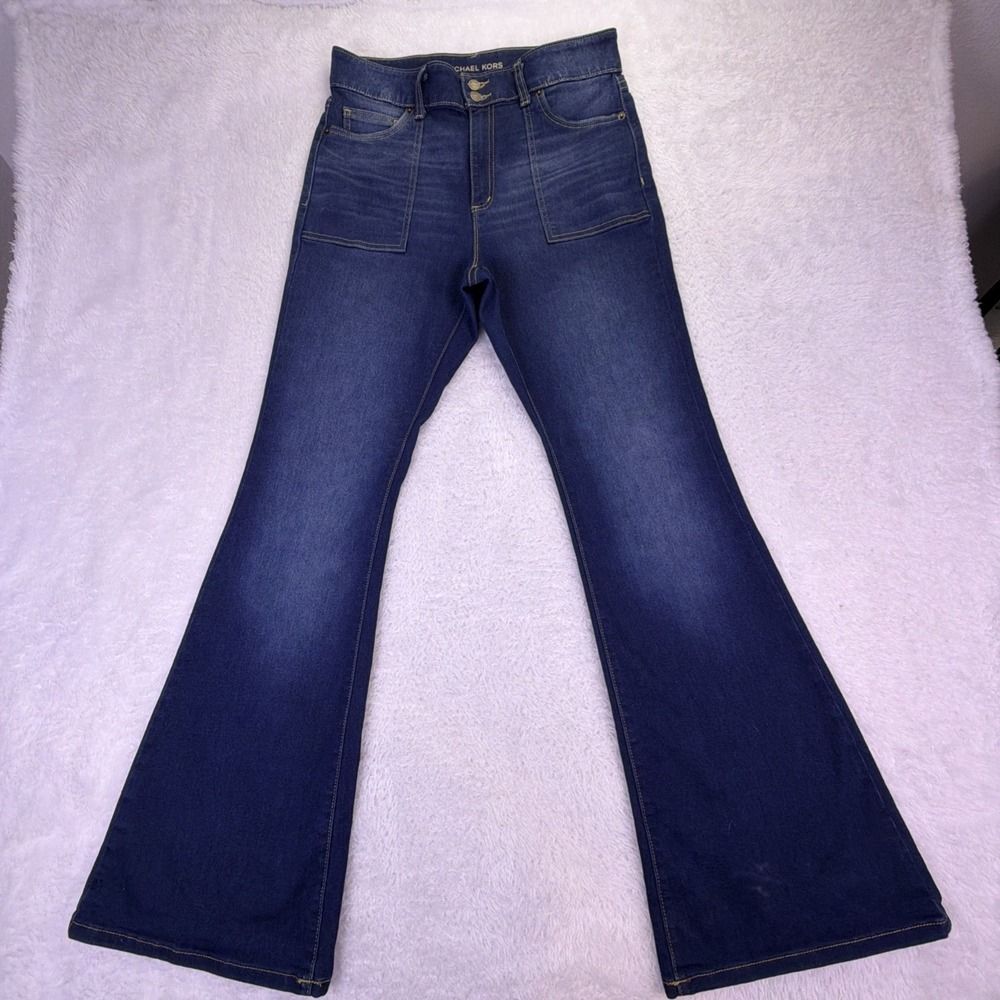 Michael Kors Women 10 (30x32) Jeans Flare High Rise‎ Dark Blue Denim Stretch